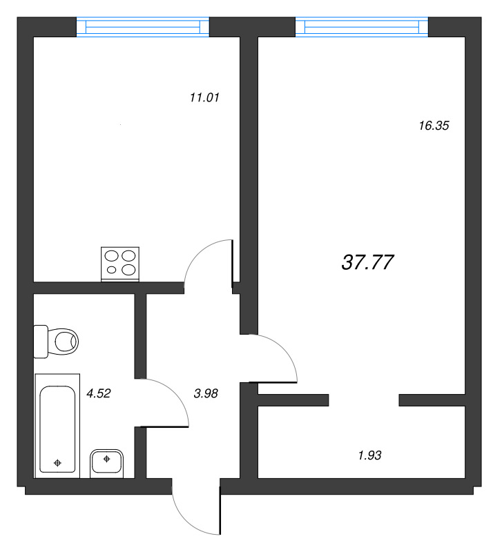 1-комнатная квартира, 37.77 м² - планировка, фото №1