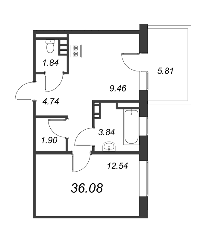 1-комнатная квартира, 34.33 м² - планировка, фото №1