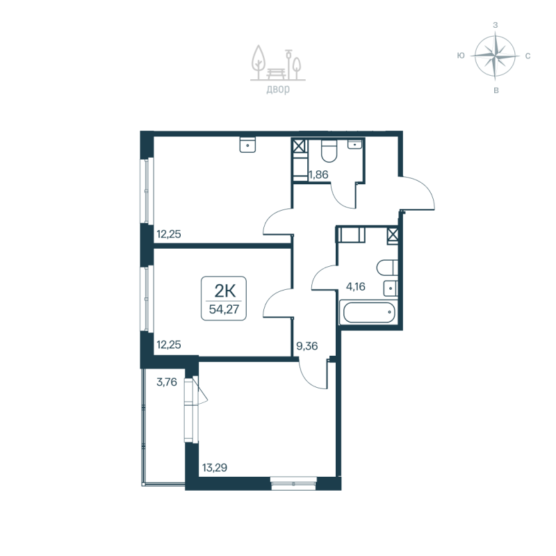 2-комнатная квартира, 54.27 м² - планировка, фото №1