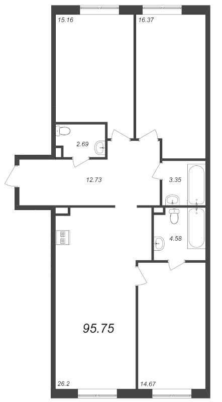 4-комнатная (Евро) квартира, 95.27 м² в ЖК "Zoom на Неве" - планировка, фото №1