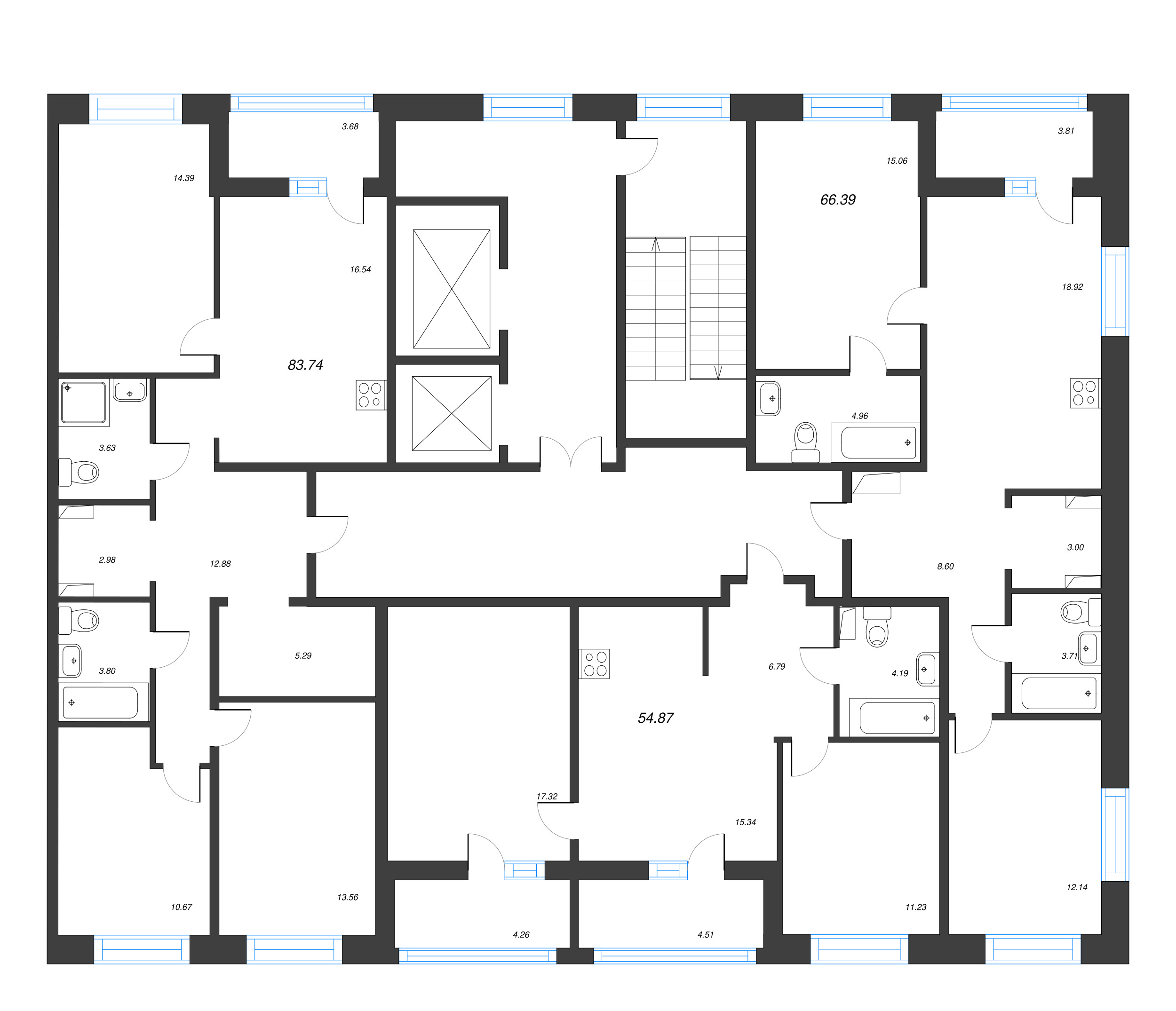 3-комнатная (Евро) квартира, 54.87 м² - планировка этажа