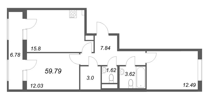 3-комнатная (Евро) квартира, 59.79 м² в ЖК "Гранат" - планировка, фото №1
