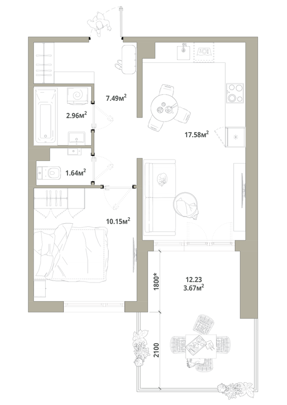 2-комнатная (Евро) квартира, 43.49 м² в ЖК "Тишин" - планировка, фото №1