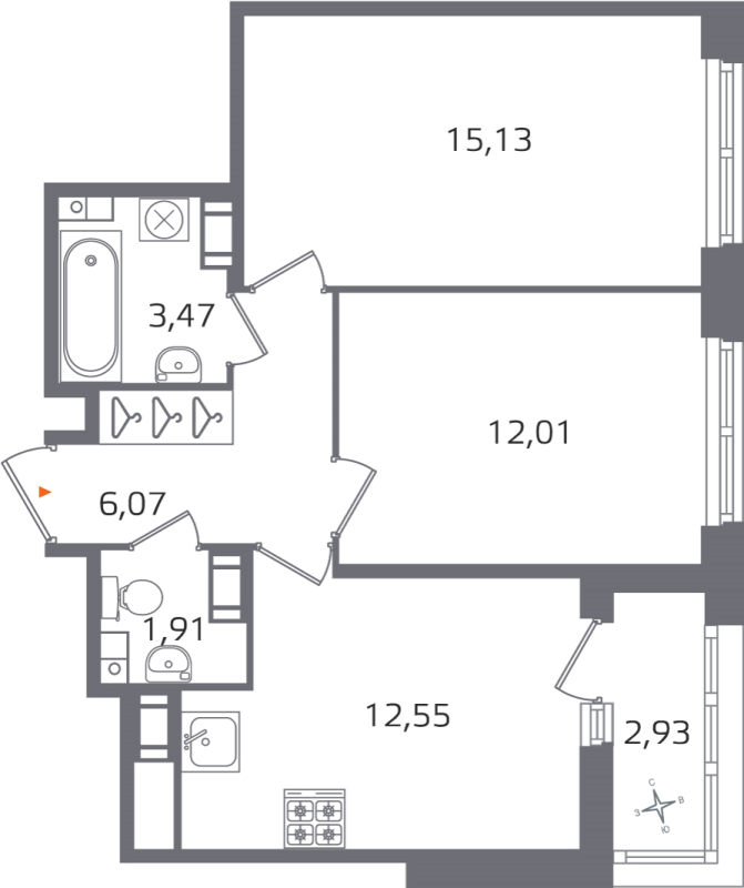2-комнатная квартира, 51.14 м² в ЖК "Б15" - планировка, фото №1