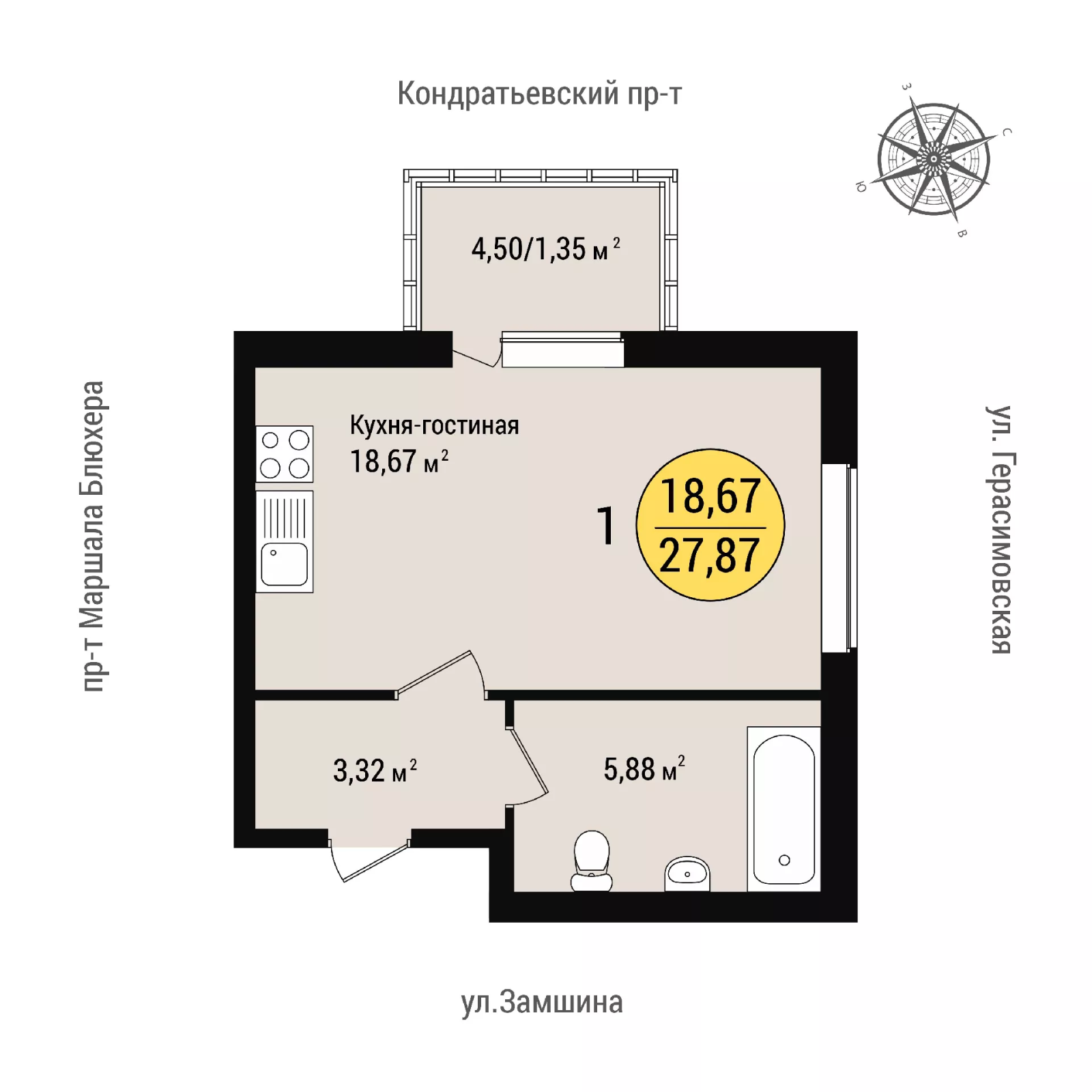 Квартира-студия, 29.22 м² в ЖК "Уют" - планировка, фото №1