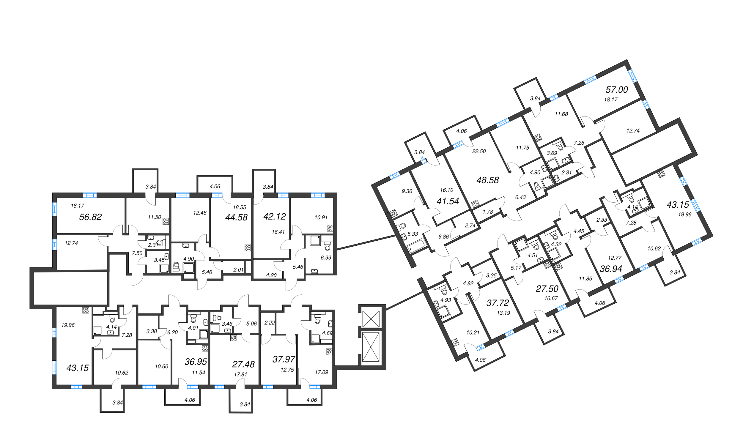 2-комнатная (Евро) квартира, 43.15 м² - планировка этажа