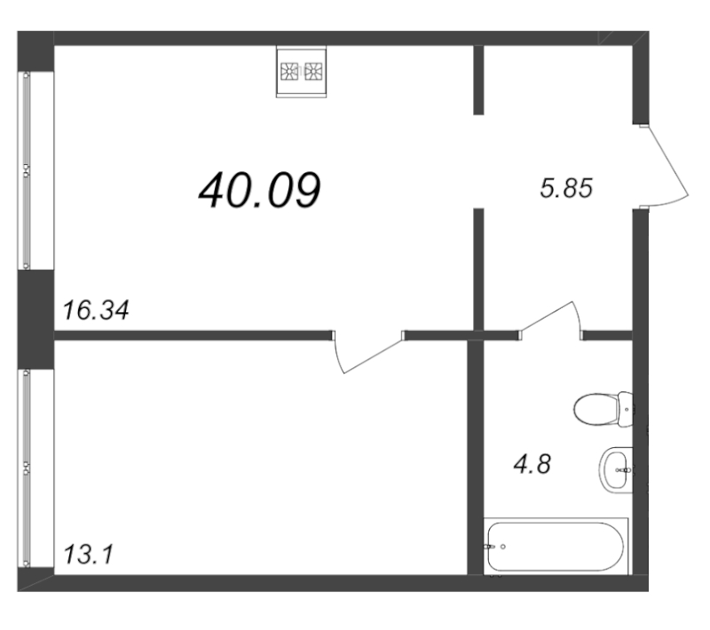 2-комнатная (Евро) квартира, 40.09 м² - планировка, фото №1
