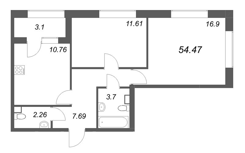 2-комнатная квартира, 54.47 м² в ЖК "Аурум" - планировка, фото №1