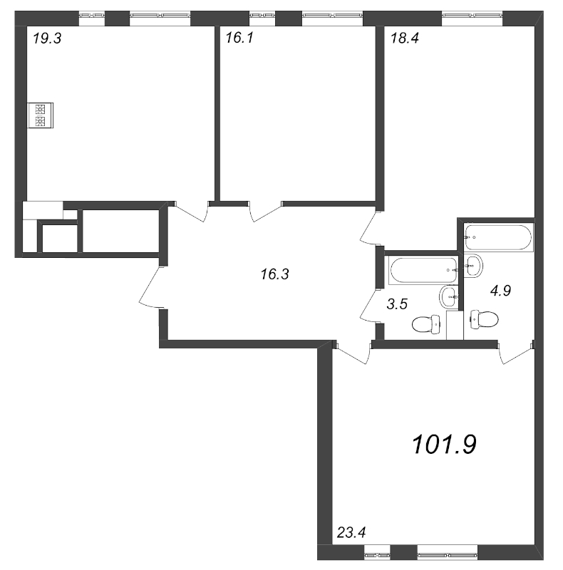 3-комнатная квартира, 101.9 м² - планировка, фото №1