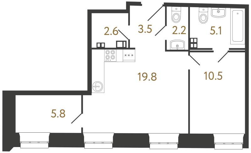 2-комнатная (Евро) квартира, 49.5 м² в ЖК "Светоч" - планировка, фото №1