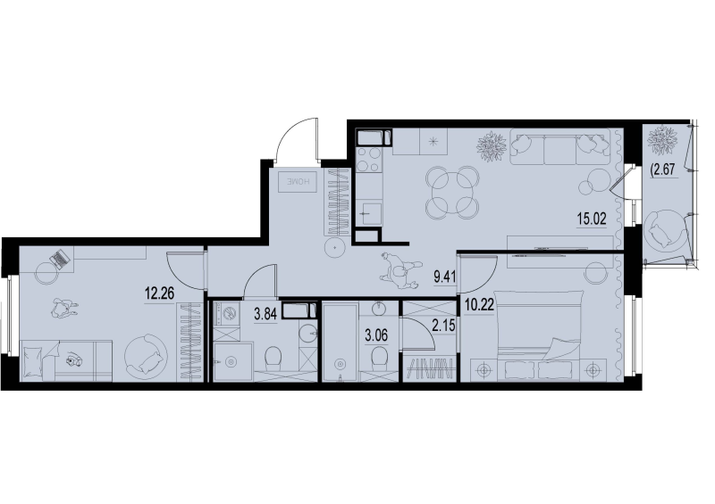 3-комнатная (Евро) квартира, 56.76 м² - планировка, фото №1