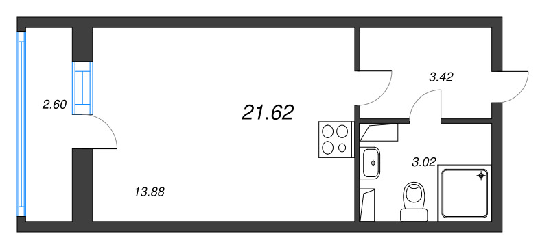 Квартира-студия, 21.62 м² - планировка, фото №1