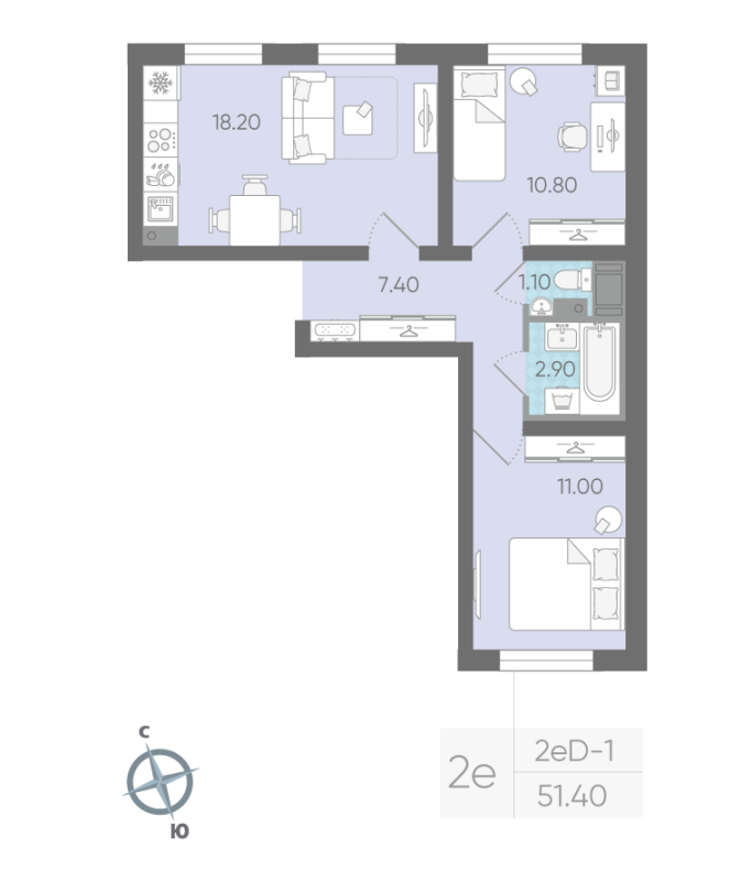 3-комнатная (Евро) квартира, 51.4 м² в ЖК "Ручьи" - планировка, фото №1