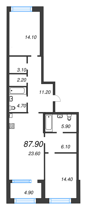 3-комнатная (Евро) квартира, 87.9 м² - планировка, фото №1