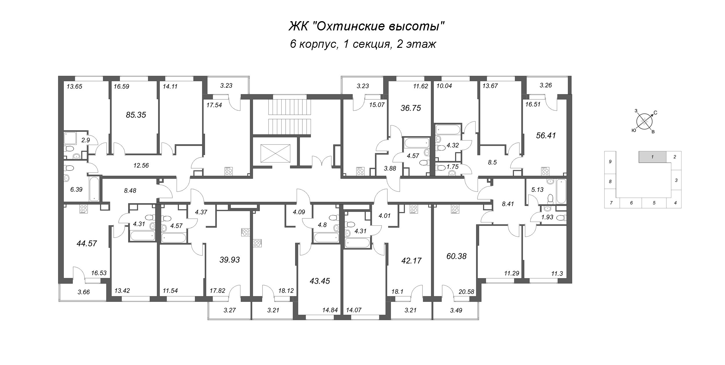 2-комнатная (Евро) квартира, 36.75 м² в ЖК "Охтинские высоты" - планировка этажа