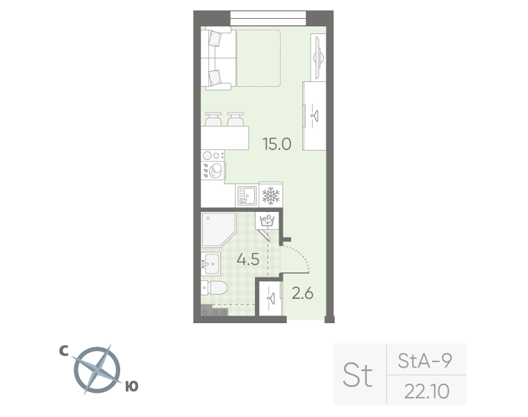 Квартира-студия, 22.1 м² в ЖК "Пулково Lake" - планировка, фото №1
