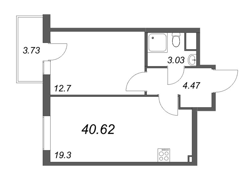 1-комнатная квартира, 40.6 м² - планировка, фото №1