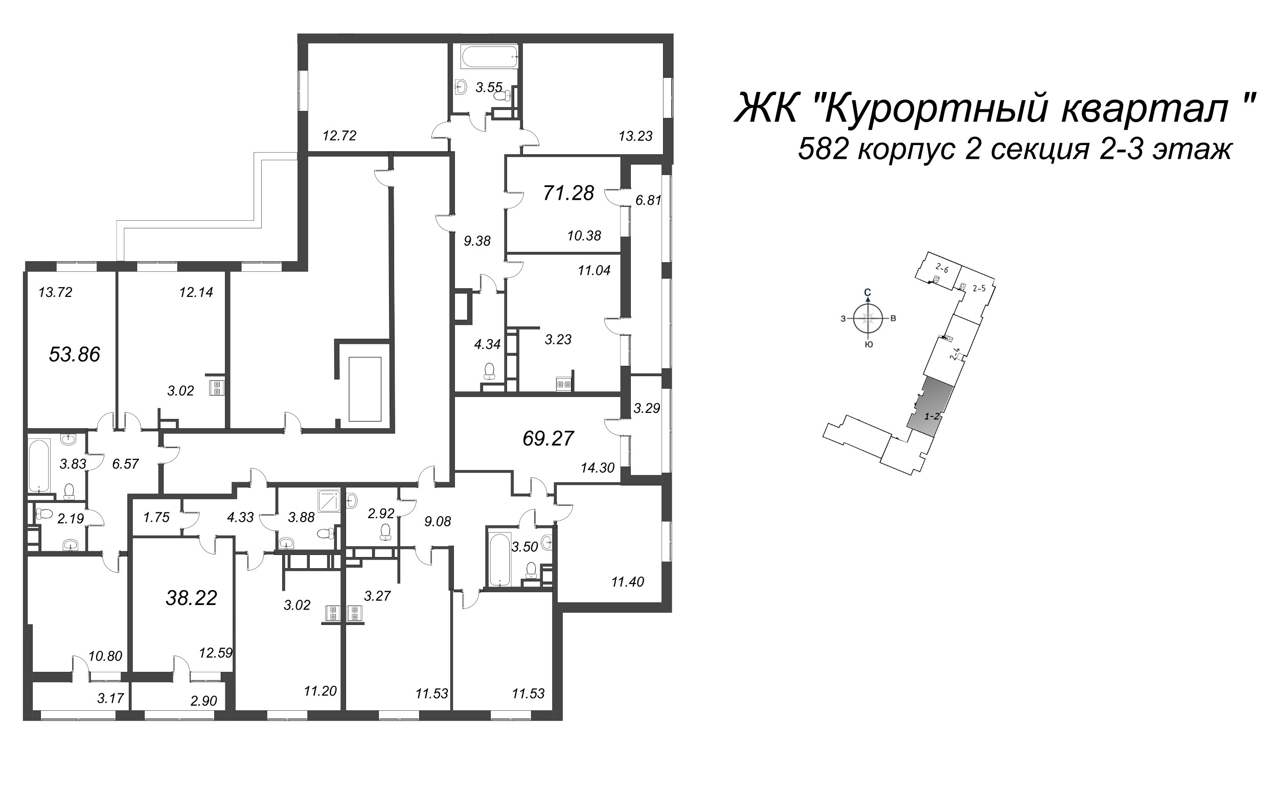 3-комнатная квартира, 69.27 м² в ЖК "Курортный Квартал" - планировка этажа