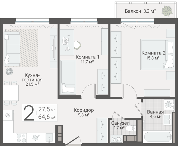 3-комнатная (Евро) квартира, 64.6 м² в ЖК "Руднева 15" - планировка, фото №1