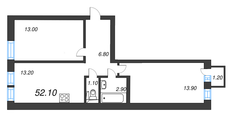 2-комнатная квартира, 51.3 м² в ЖК "Эко Квартал Нега" - планировка, фото №1