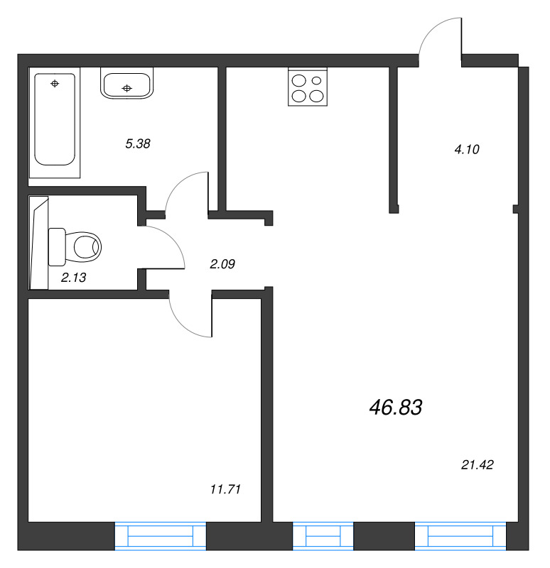 2-комнатная (Евро) квартира, 47.1 м² - планировка, фото №1