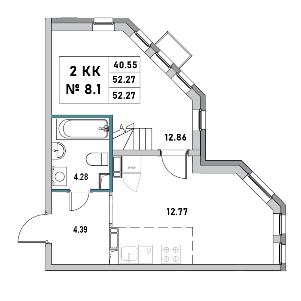 2-комнатная квартира, 52.27 м² в ЖК "Новый Город" - планировка, фото №1