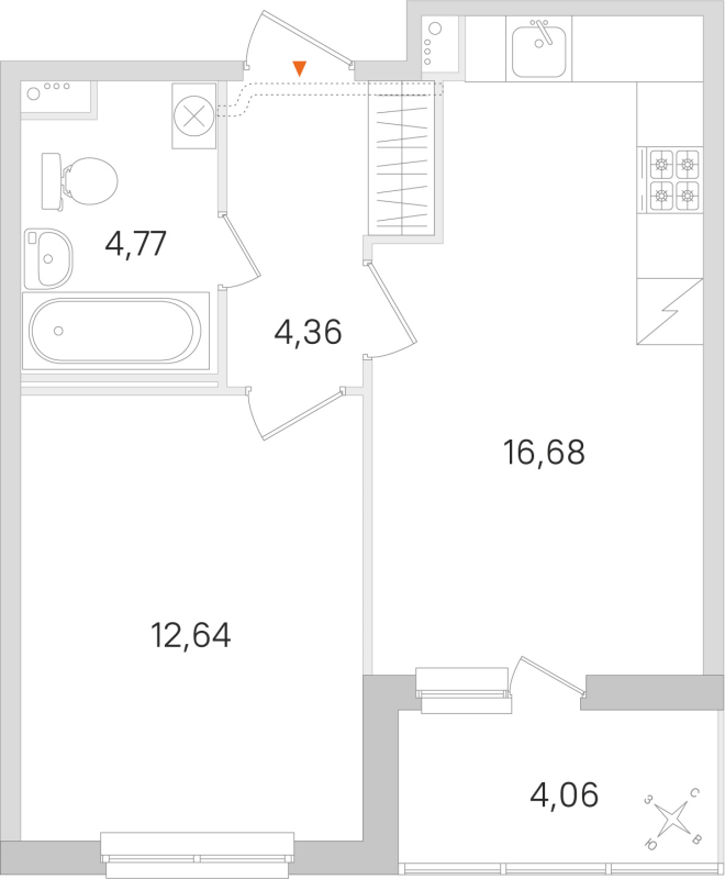 2-комнатная (Евро) квартира, 38.45 м² в ЖК "Ясно.Янино" - планировка, фото №1