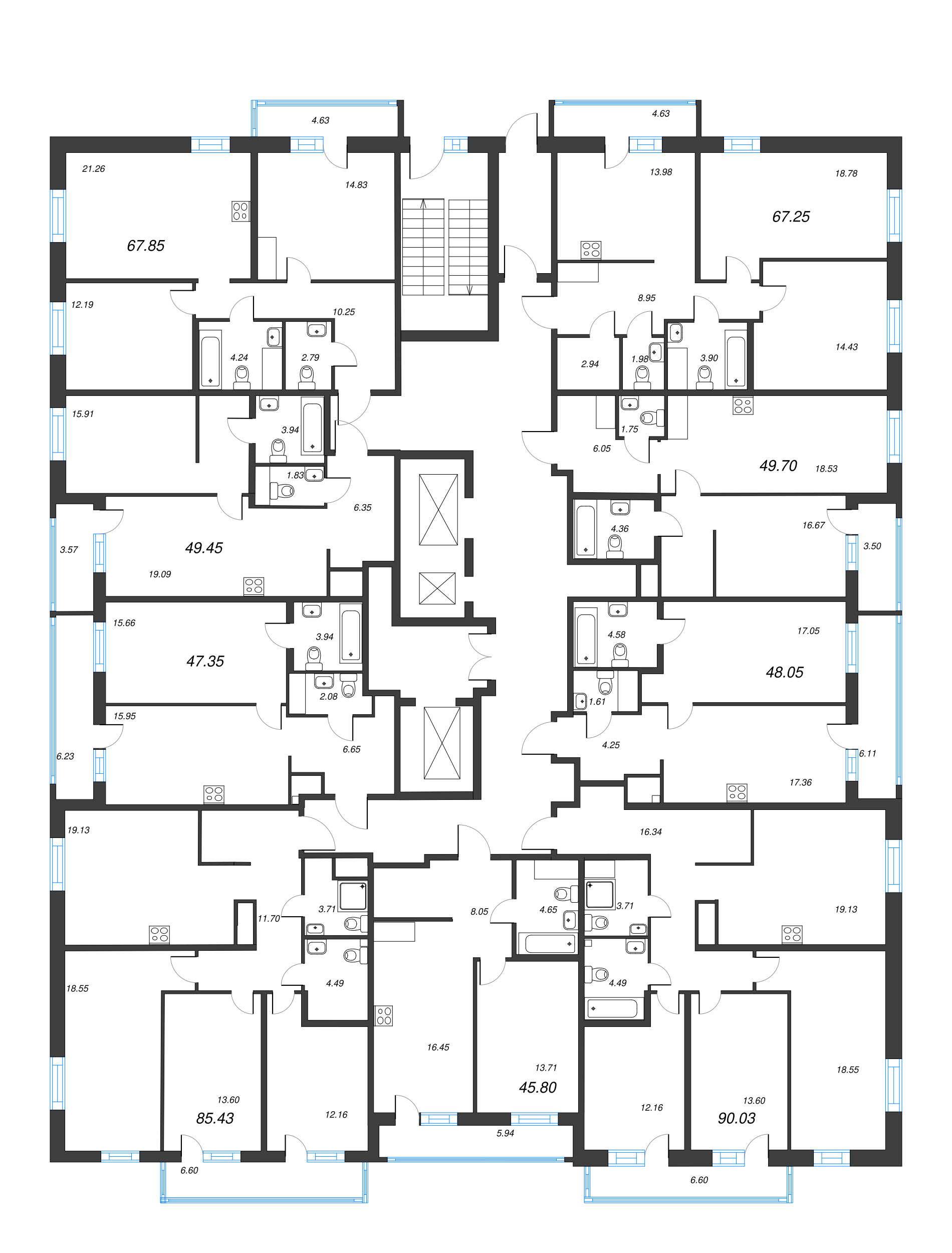 2-комнатная (Евро) квартира, 48.05 м² - планировка этажа