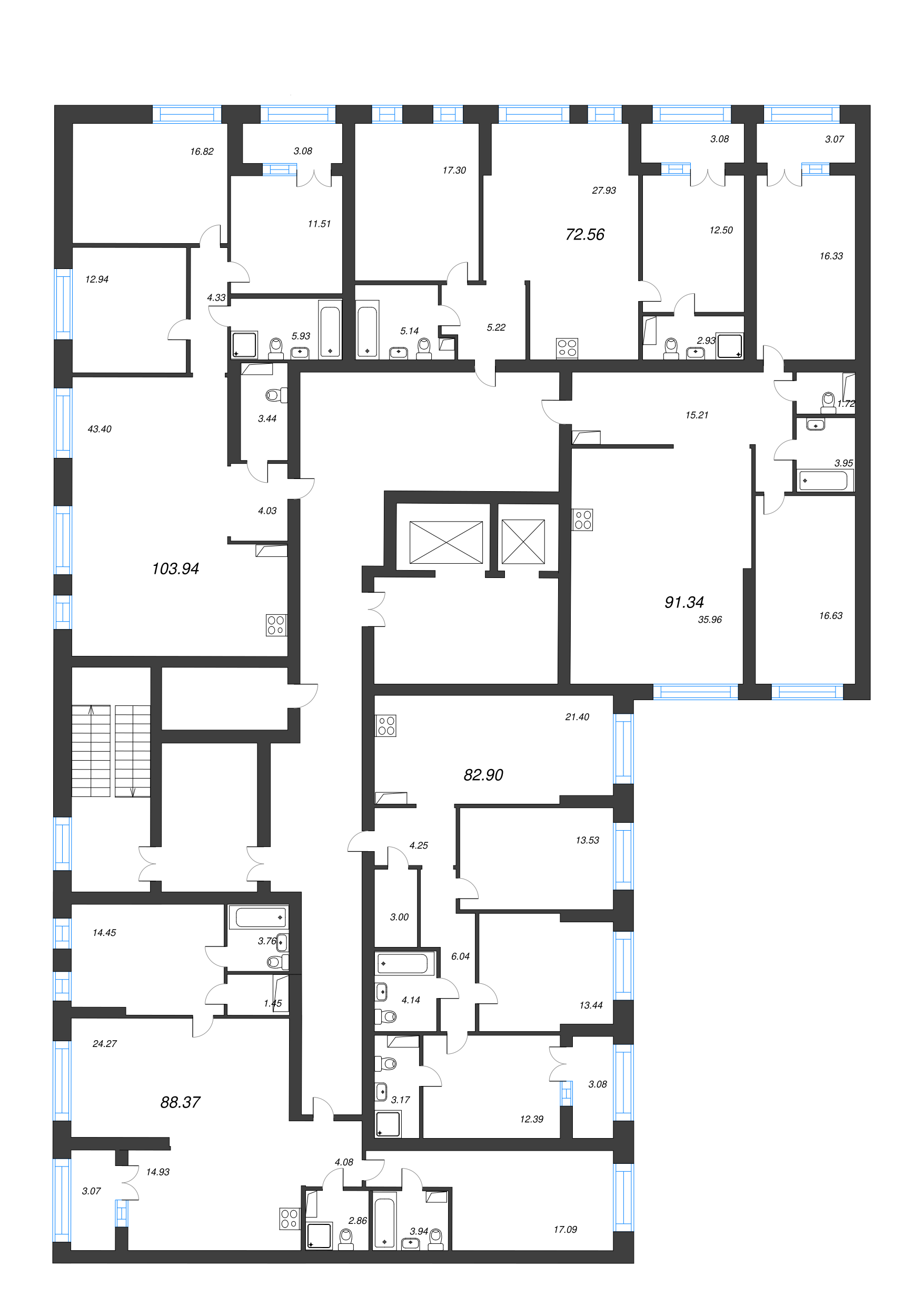 3-комнатная (Евро) квартира, 92.1 м² - планировка этажа