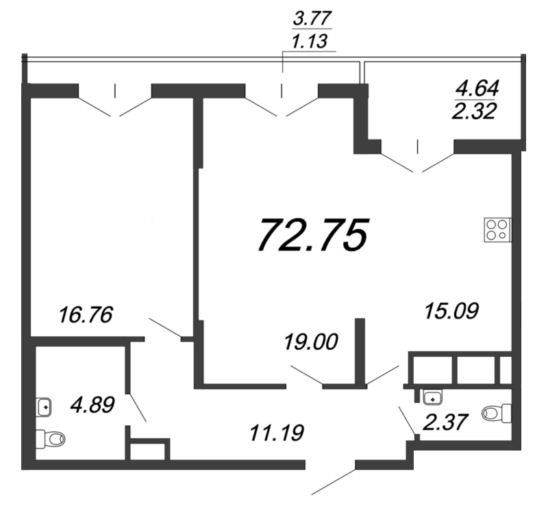 2-комнатная квартира, 72.5 м² - планировка, фото №1
