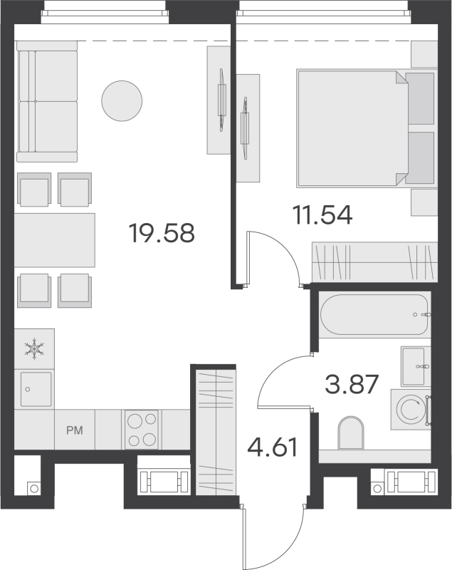 2-комнатная (Евро) квартира, 39.6 м² - планировка, фото №1