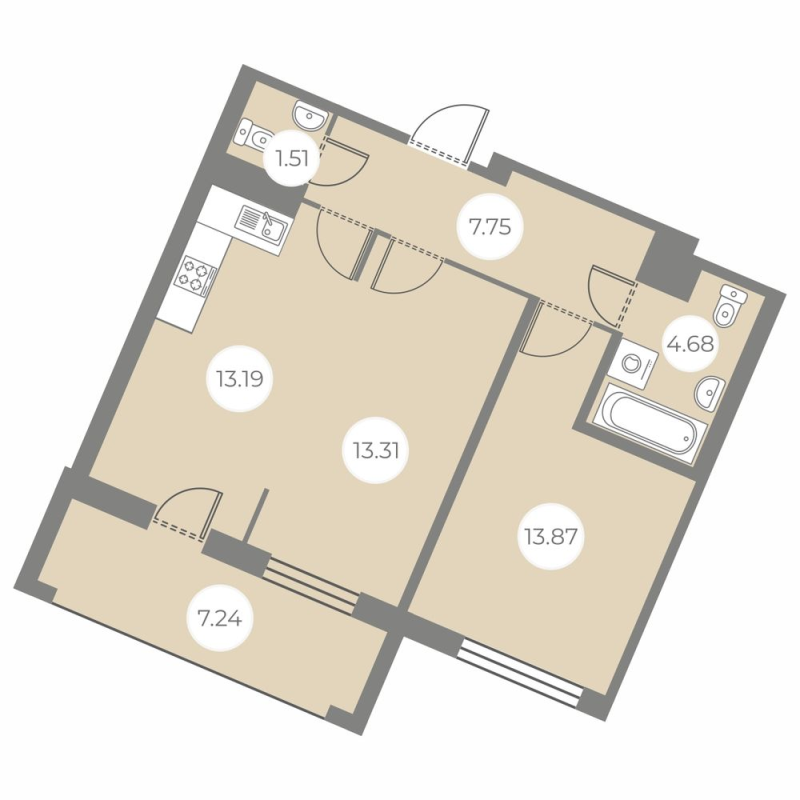 2-комнатная (Евро) квартира, 57.93 м² - планировка, фото №1
