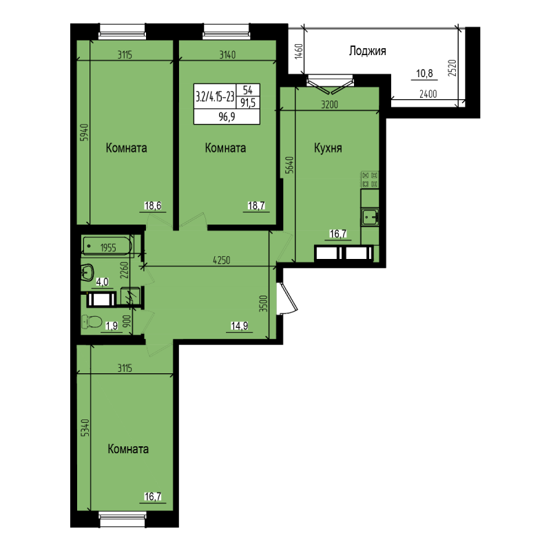 3-комнатная квартира, 96.9 м² - планировка, фото №1
