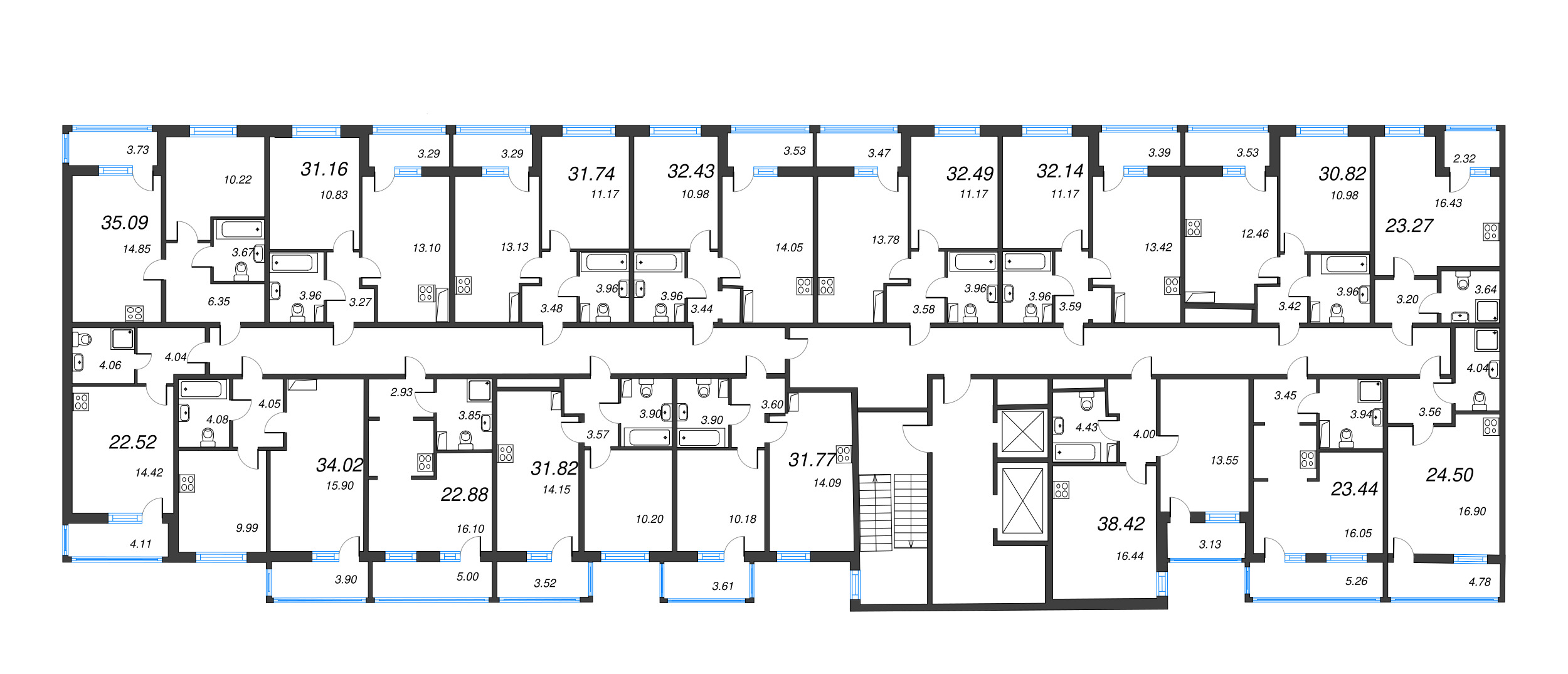 2-комнатная (Евро) квартира, 38.42 м² - планировка этажа