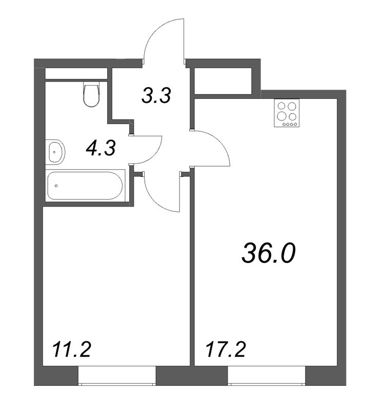 2-комнатная (Евро) квартира, 36 м² в ЖК "Большая Охта" - планировка, фото №1