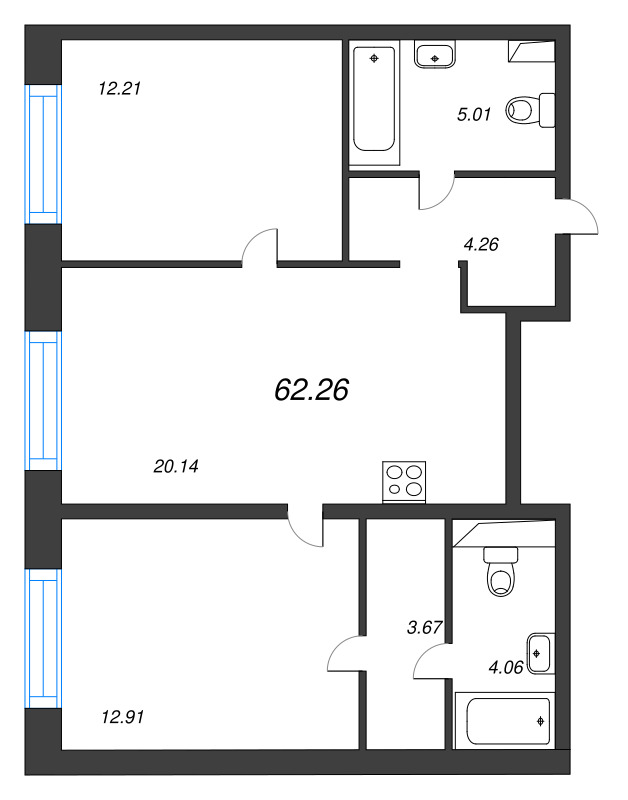 3-комнатная (Евро) квартира, 62.26 м² в ЖК "Остров Первых" - планировка, фото №1