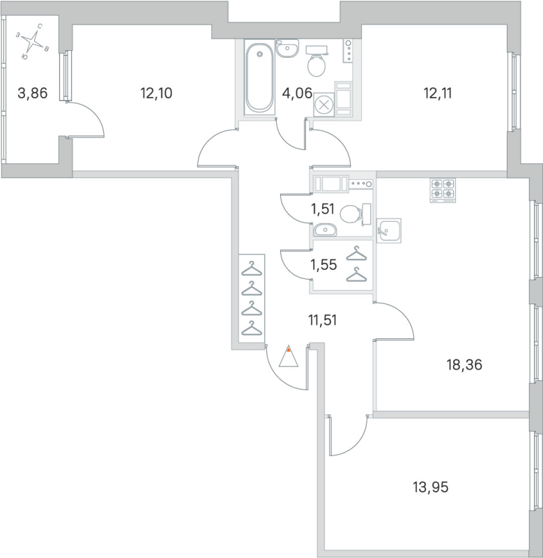 4-комнатная (Евро) квартира, 75.15 м² - планировка, фото №1