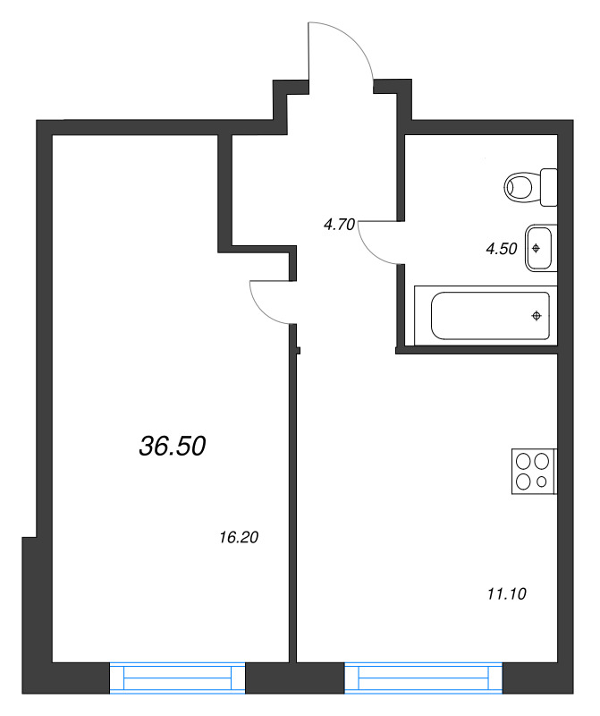 1-комнатная квартира, 36.5 м² в ЖК "Ягодное Река Парк" - планировка, фото №1