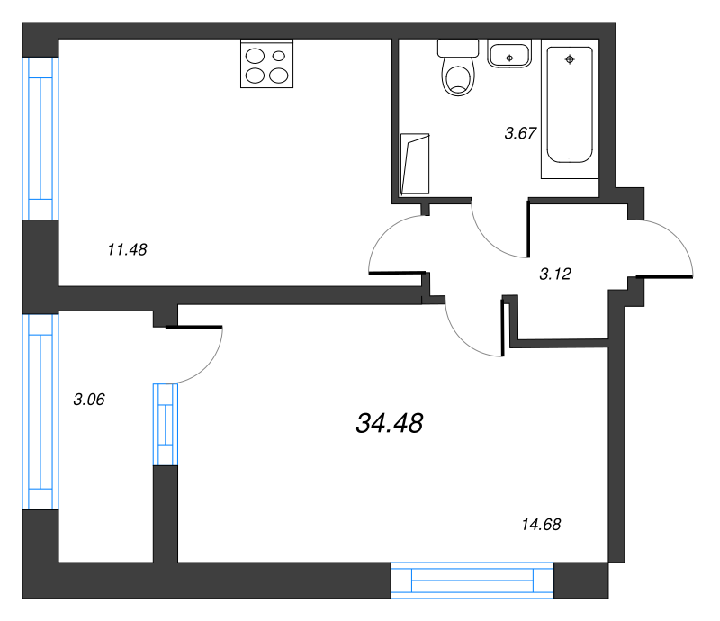 1-комнатная квартира, 34.48 м² в ЖК "БелАрт" - планировка, фото №1