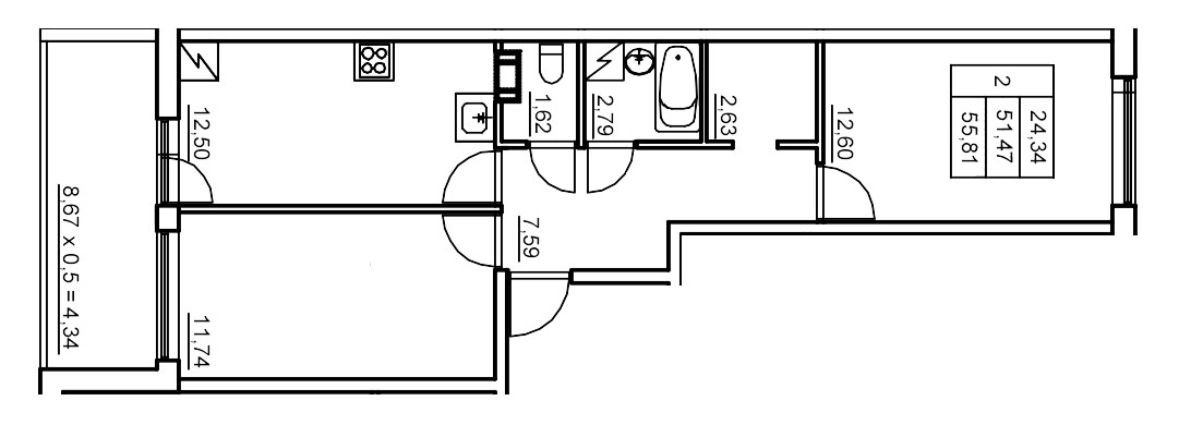 2-комнатная квартира, 56.37 м² в ЖК "Панорама Юкки" - планировка, фото №1