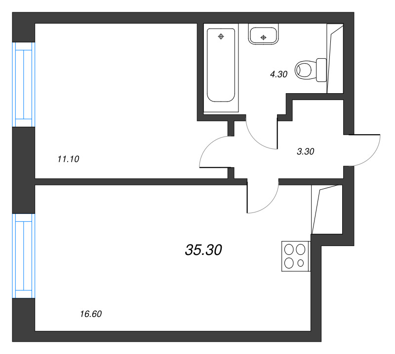 2-комнатная (Евро) квартира, 35.3 м² в ЖК "Большая Охта" - планировка, фото №1