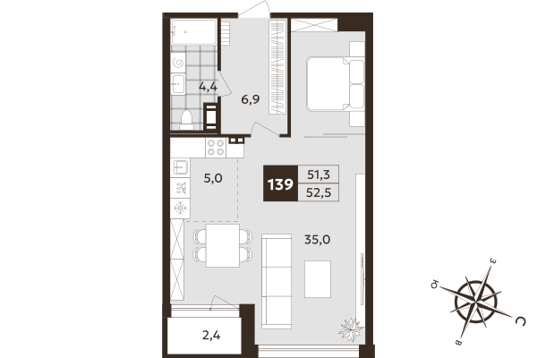 Квартира-студия, 51.3 м² в ЖК "Дом на Бронницкой" - планировка, фото №1