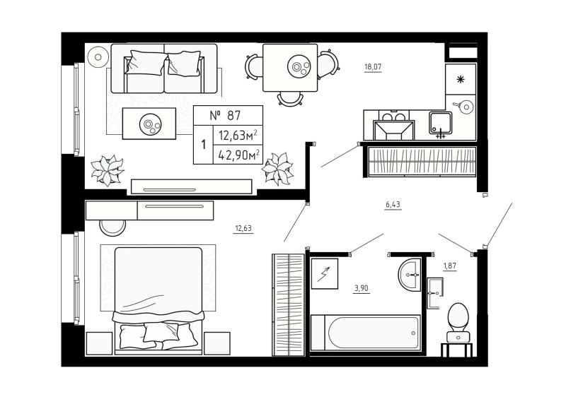 2-комнатная (Евро) квартира, 42.9 м² - планировка, фото №1