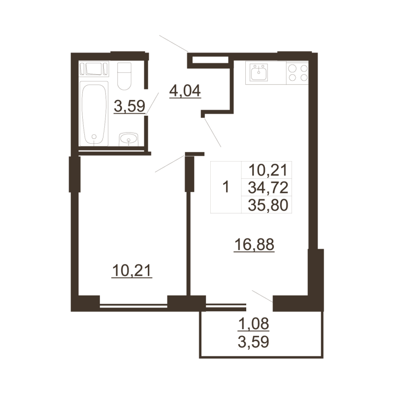 2-комнатная (Евро) квартира, 35.8 м² в ЖК "Рубеж" - планировка, фото №1