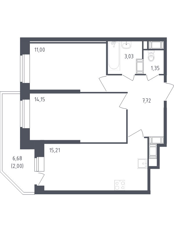 3-комнатная (Евро) квартира, 54.46 м² - планировка, фото №1