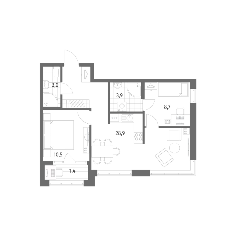 3-комнатная (Евро) квартира, 56.4 м² в ЖК "NewПитер 2.0" - планировка, фото №1