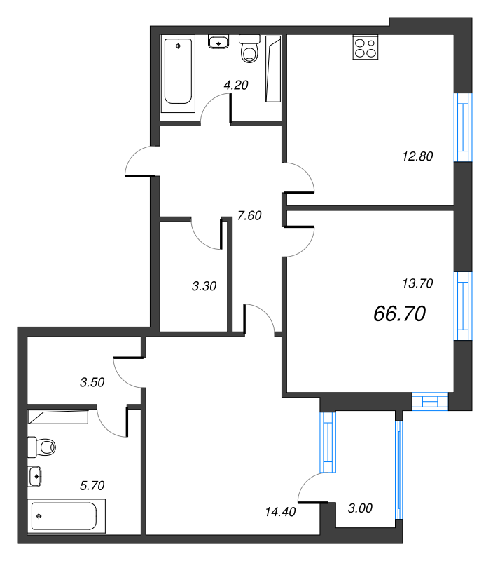 2-комнатная квартира, 66.7 м² - планировка, фото №1