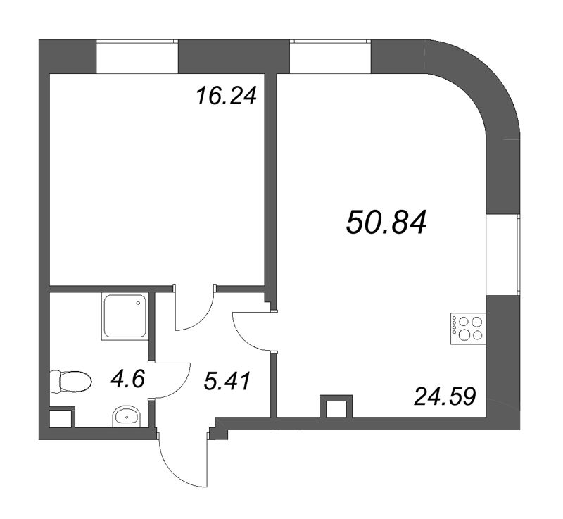 2-комнатная (Евро) квартира, 50.84 м² в ЖК "MONODOM-ART" - планировка, фото №1