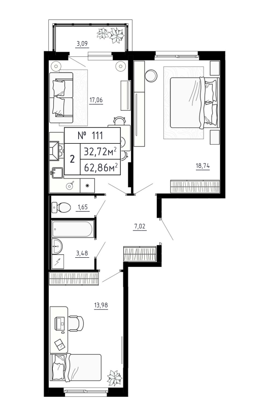 3-комнатная (Евро) квартира, 62.86 м² в ЖК "Аннино Сити" - планировка, фото №1