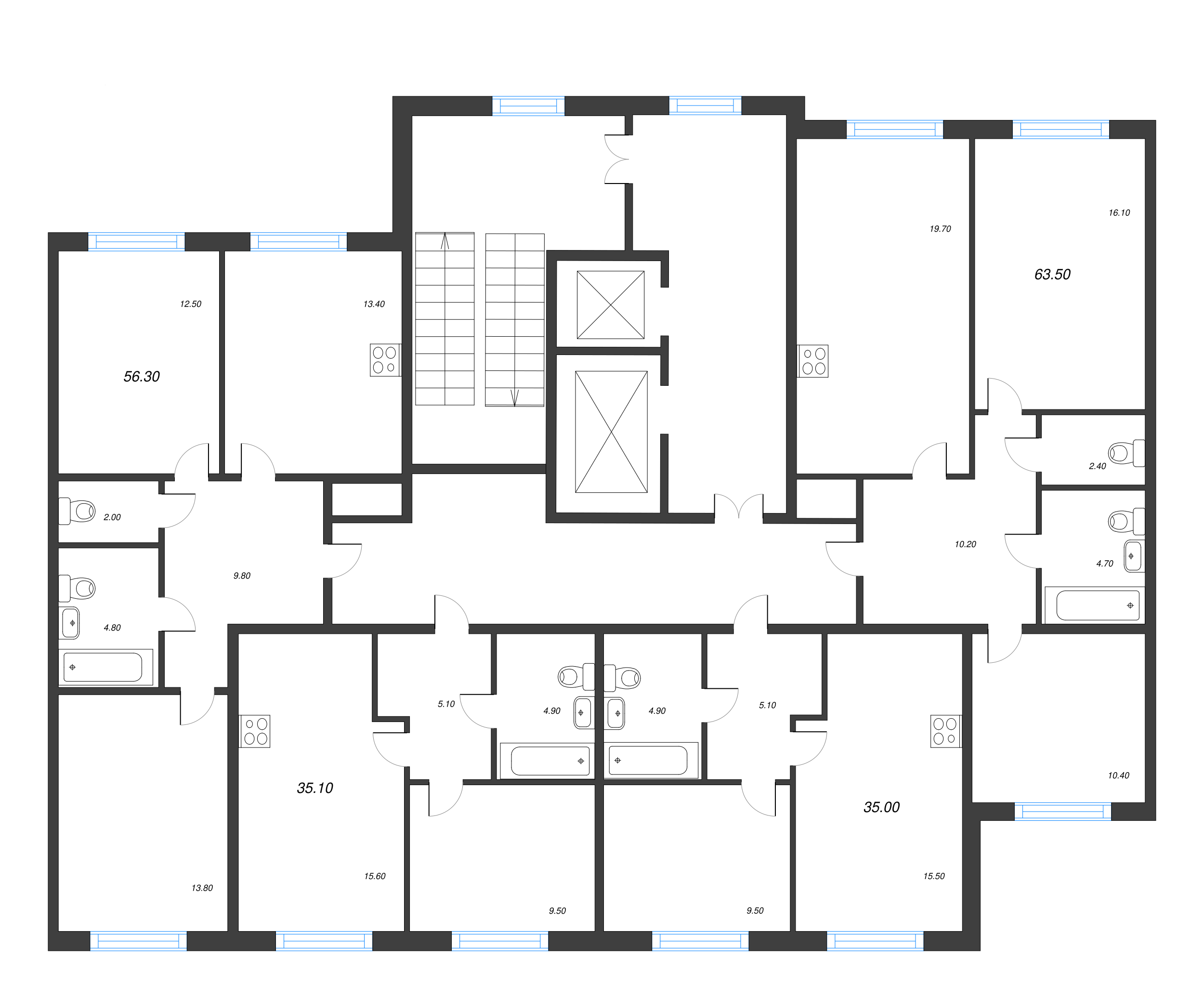 2-комнатная квартира, 56.3 м² в ЖК "Монография" - планировка этажа